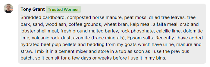 Description of worm bedding mix created by a member of Worm People Community 