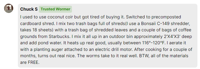 Description of worm bedding mix created by a member of Worm People Community 
