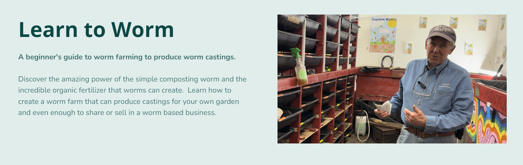 Captain Matt teaching worm farming basics in a Learn to Worm guide, standing in a worm farm with stacked trays and educational posters