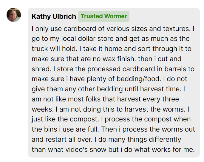 Description of worm bedding mix created by a member of Worm People Community 